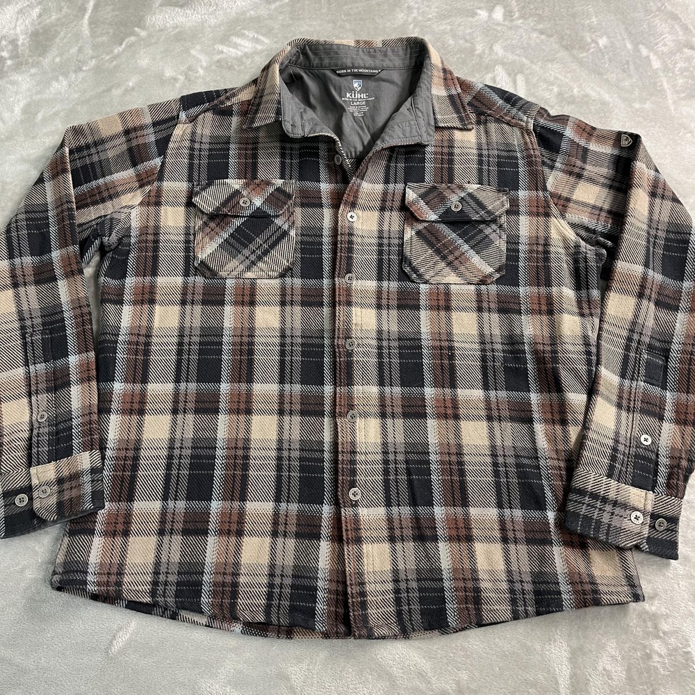 Kuhl Shirt Mens Large Brown Plaid Flannel Button Up Long Sleeve Outdoor Casual